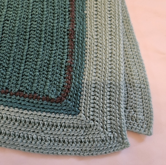 Handmade Upcycled Baby Blanket Blue Brown Striped Hand knit Crochet Nursery Gift - Picture 8 of 16
